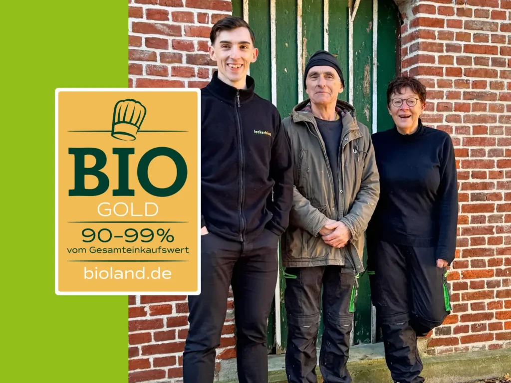 Team von leckerbiss vor dem Firmengebäude mit Bioland-Goldstatus-Zertifikat – Bio-Catering aus Bremen